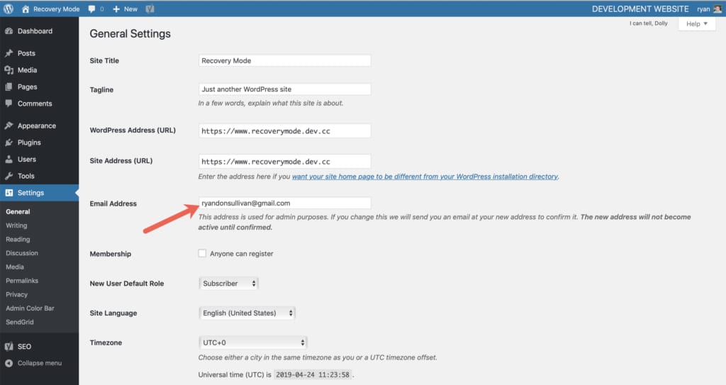 General setting screen in WordPress - screenshot