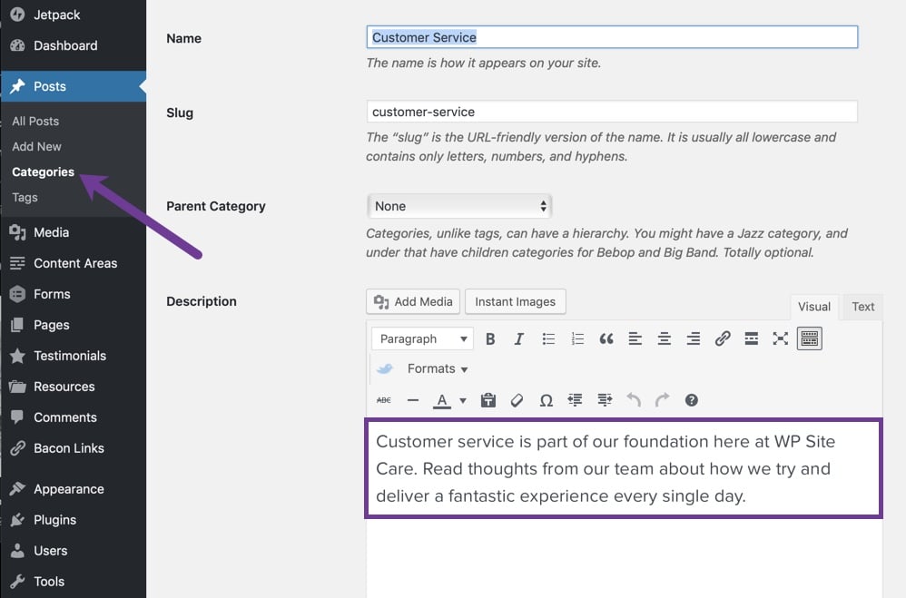 Dashboard for WordPress category configuration