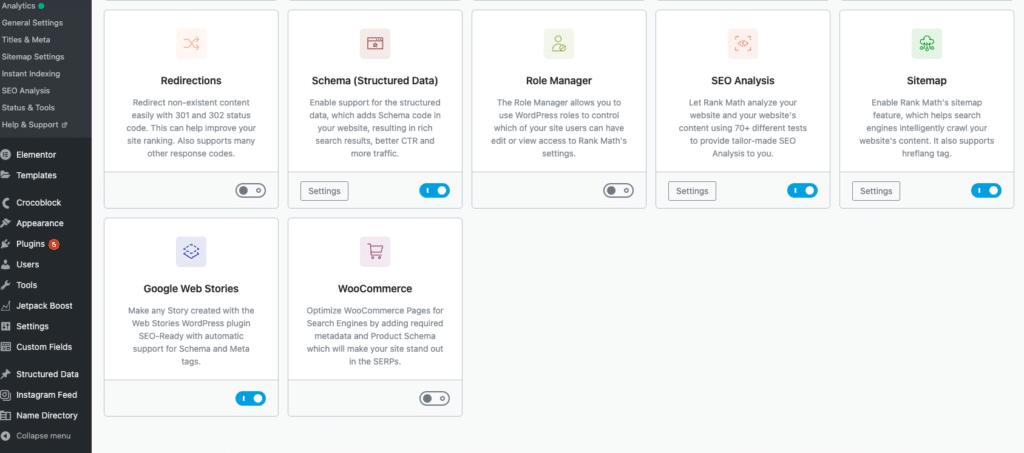 An image showing the available Rank Math plugin modules for optimised SEO