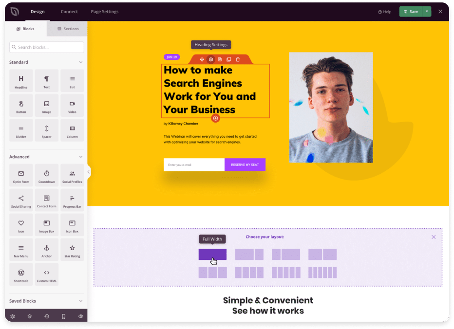 This image shows the SeedProd dashboard with various drag and drop features to add social sharing buttons, optin forms, videos, countdown timers to a maintenance mode page.